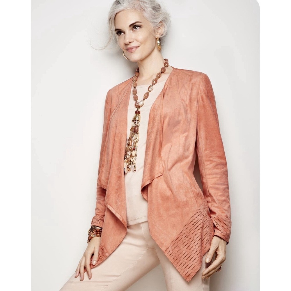 Women Chicos Faux Suede Perforated Drape Peach Jacket Spring Open Front 3 Large
